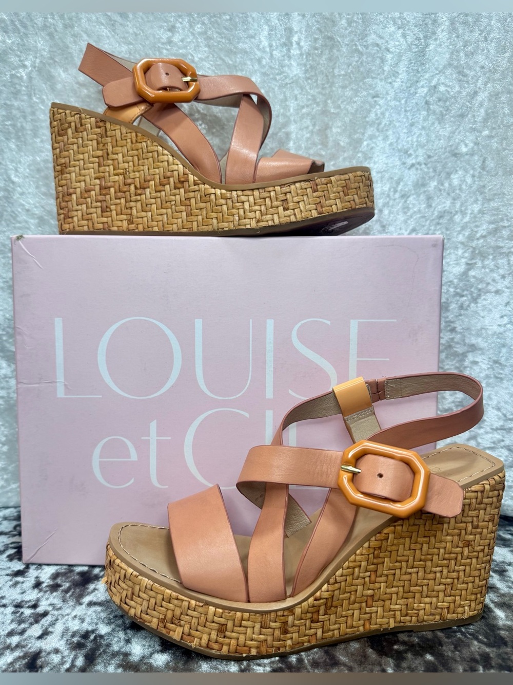 Louise et Cie Peach Leather Wedge Sandals with Woven Platform